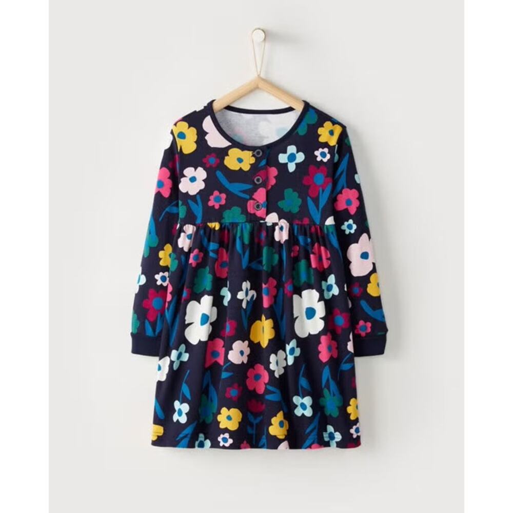 Hanna Andersson Girls Navy Floral Cotton Dress Button Detail Size 120 (US 6/7)